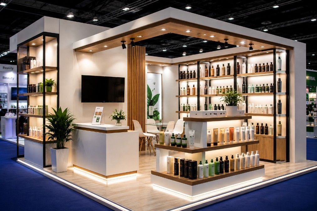 Stand Pameran dengan Rak Display Produk Custom
